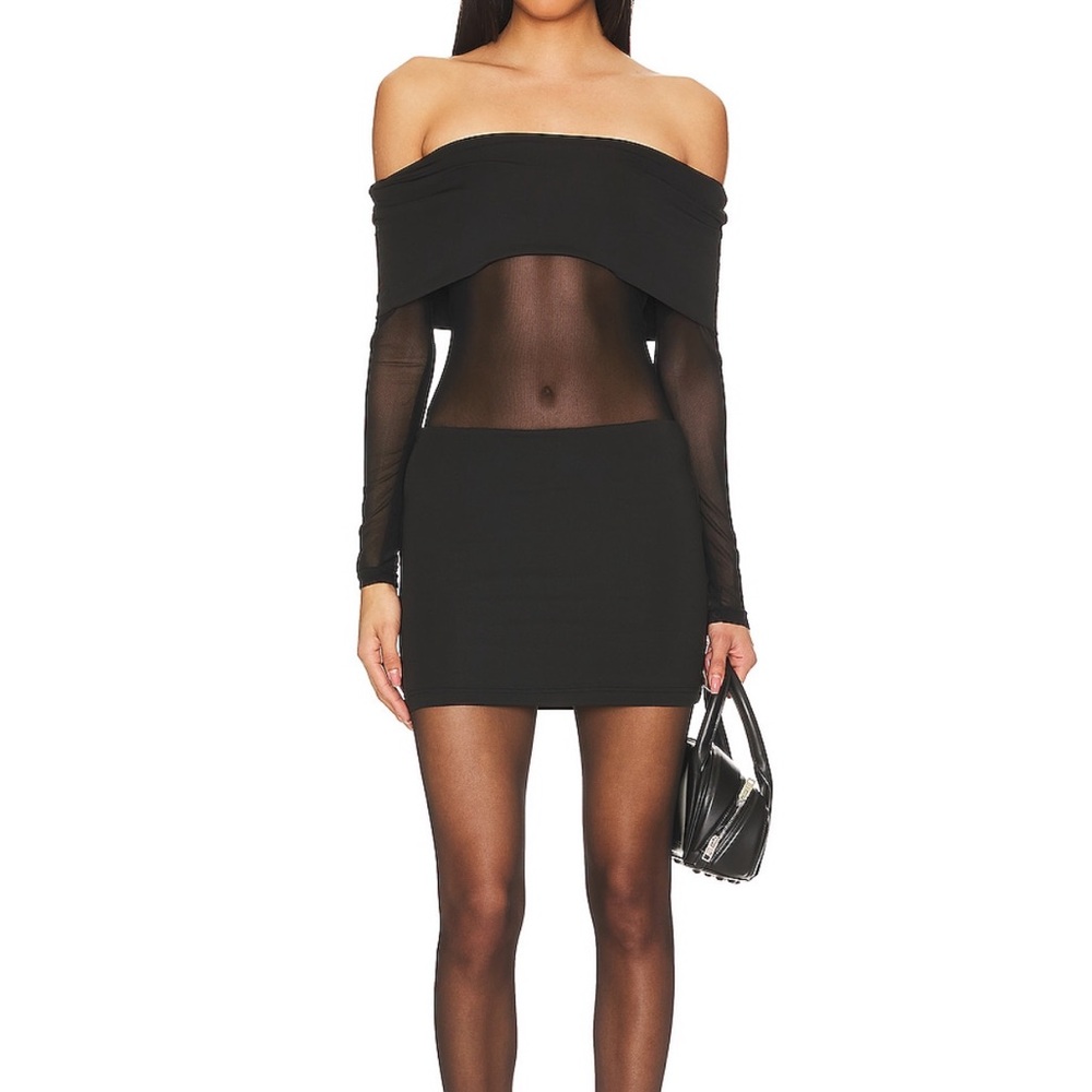 REVOLVE Elmina Black Sheer Off-Shoulder Mini Dress